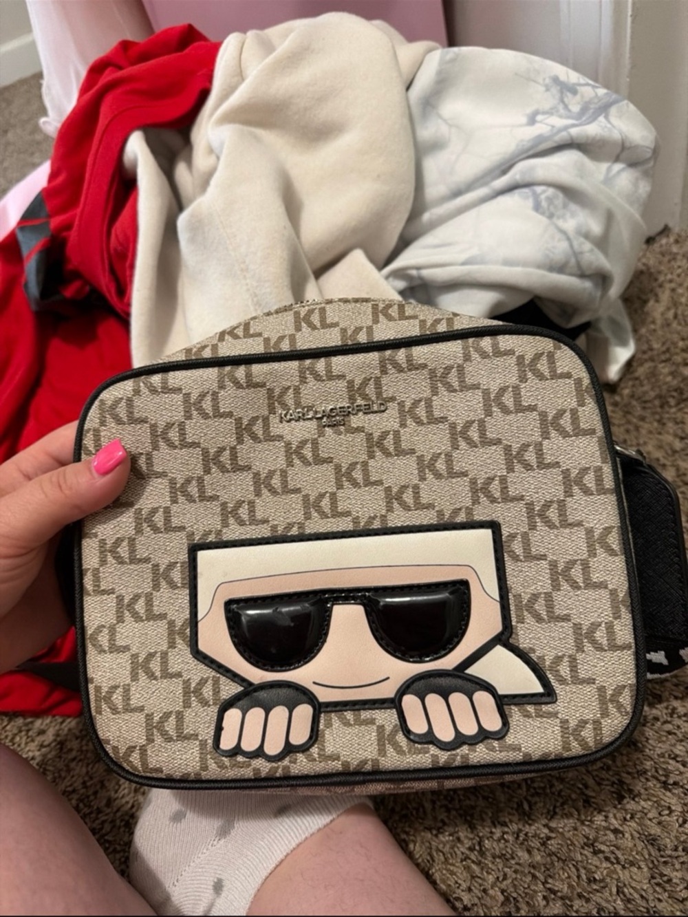 Karl Lagerfeld Beige Monogram Belt Bag with Playful Graphic Patch